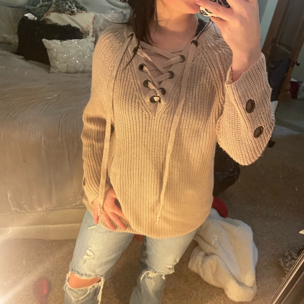 Pink lace up sweater